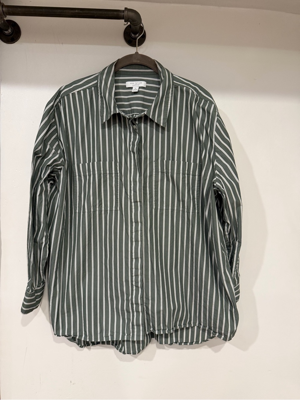 Ann Taylor Weekend Olive Striped Button Down Shirt XL